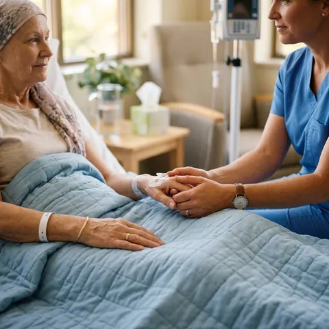 An onco coach holding the hand of a patient receiving treatment
